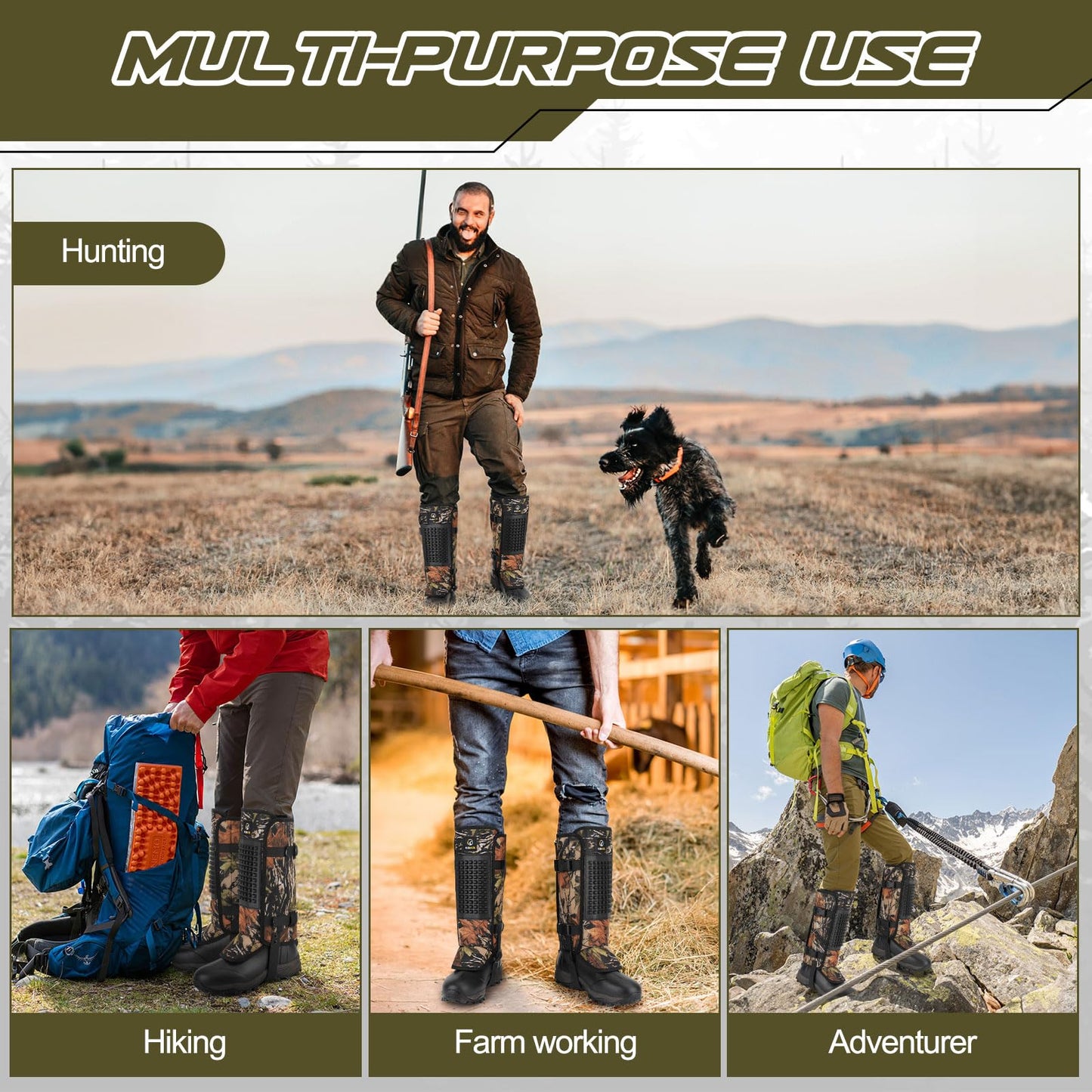 Kalkal Snake Gaiters, 1200D Waterproof Snake Chaps Snake Gaiters for Men Women, Adjustable Snake Bite Protection Snake Guards for Legs Men, Snake Proof Gaiters for Hiking Hunting