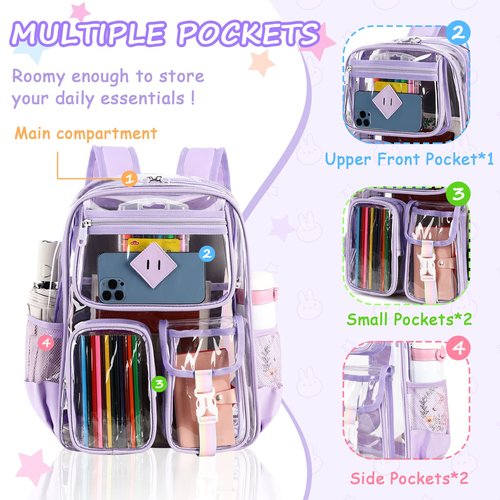 PIG PIG GIRL Clear Backpack for School,Heavy Duty PVC Transparent Bookbag for Girls Stadium Approved See Through Backpack for Women for College Work Travel Festival,Purple