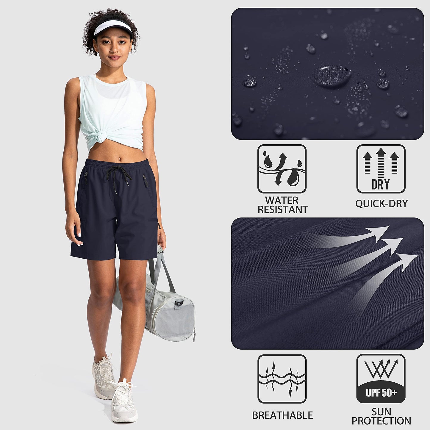 SANTINY Women's 5''/ 7''/9'' Hiking Cargo Shorts Quick Dry Lightweight Summer Shorts for Women Athletic Golf Zipper Pockets(Navy_XXL)