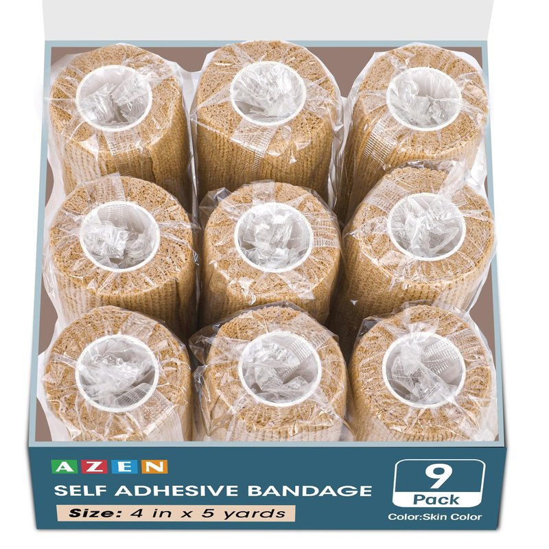 AZEN 9 Pack Self Adhesive Bandage Wrap, 4" X 5 Yards Elastic Cohesive Bandage Wrap, Skin Color Athletic Tape, Ankle Tape, Tattoo Grip Tape Wrap, Vet Wrap