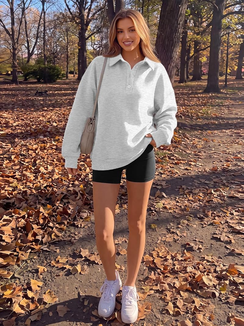 Grey Large Trendy Queen Polo Collar Oversized Sweatshirt