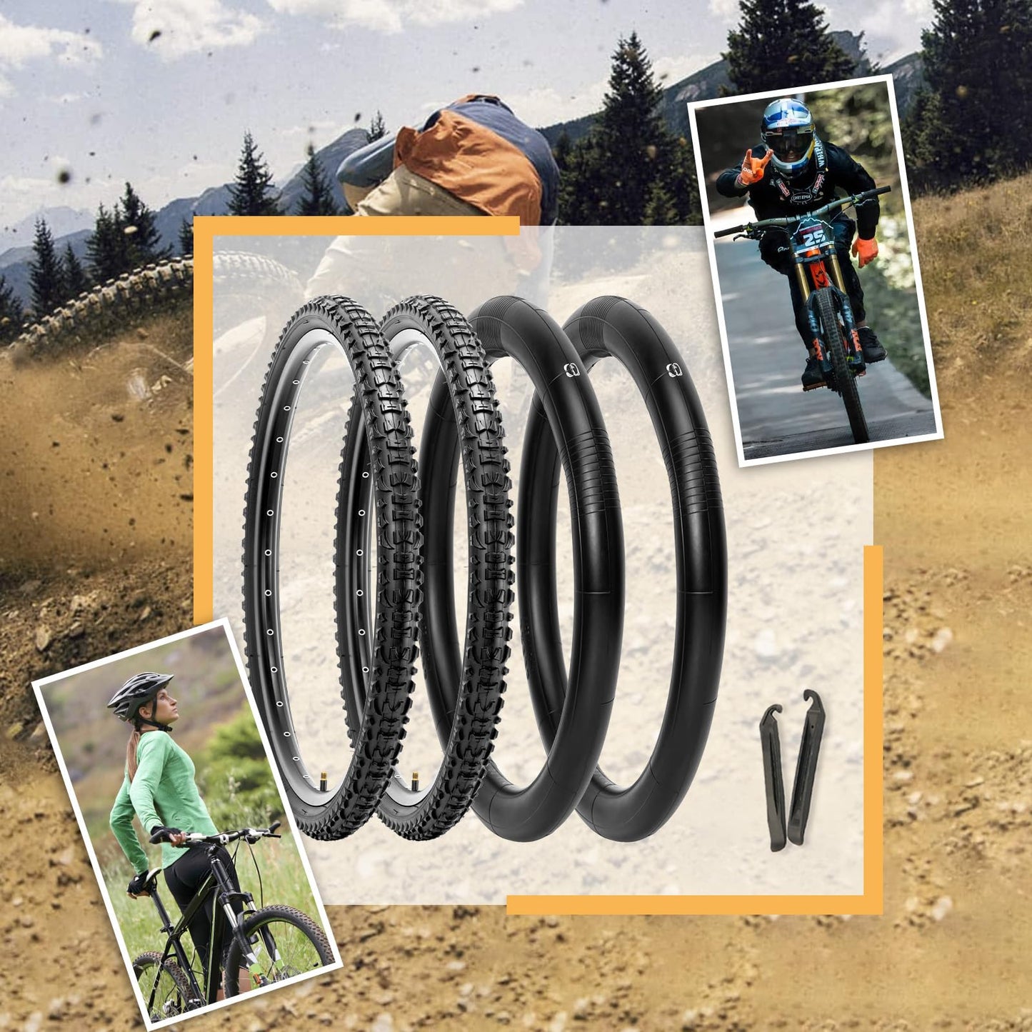 2-Pack Mountain Bike Tires Set: Hycline 26x1.95 Inch (54-559 mm) Folding Replacement Puncture Resistant High-Density Bicycle Tires and Pair Inner Tubes with Tire Levers for MTB Off-Road Bike