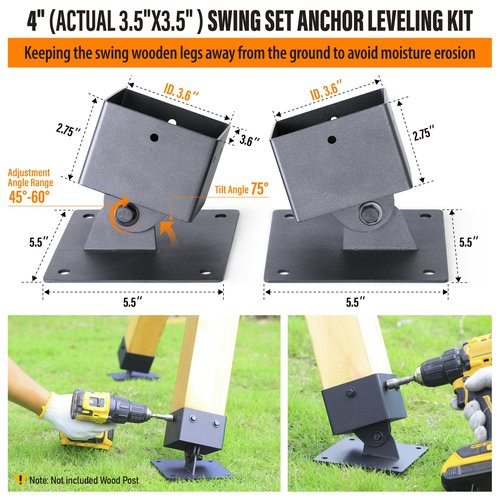 WOCEPU 4pack 201 Stainless Steel 4"x4" (Actual 3.5"x3.5") Adjustable Swing Anchor Leveling Kit Bracket Black