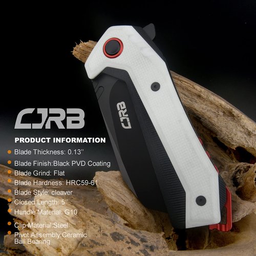 CJRB Tigris Pocket Knife, Folding Knife with AR-RPM9 Powder Steel Black PVD Blade Black & White G10 Handle for EDC Camping Hunting (J1919)