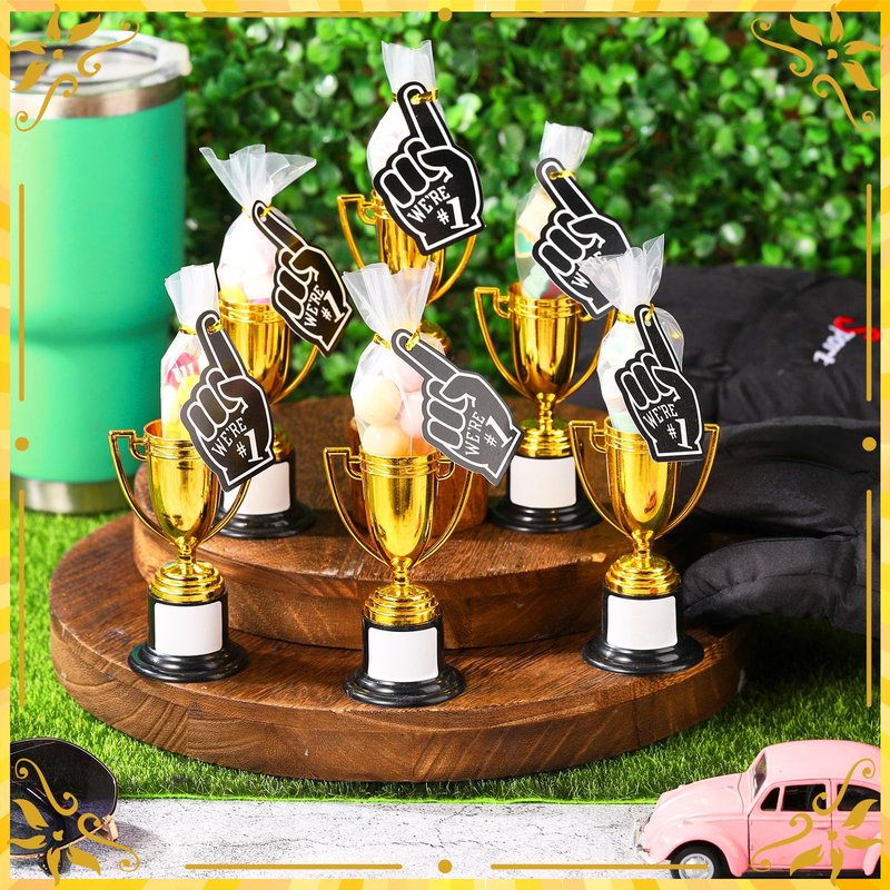Blulu 12 Pcs Mini Trophies Gold Trophy Award End of Year Students Gifts Plastic Trophy 4 Inch Award Trophies with 1 Roll of Labels 50 Bags 50 Cable Ties 12 Cards for Sports Party Gifts