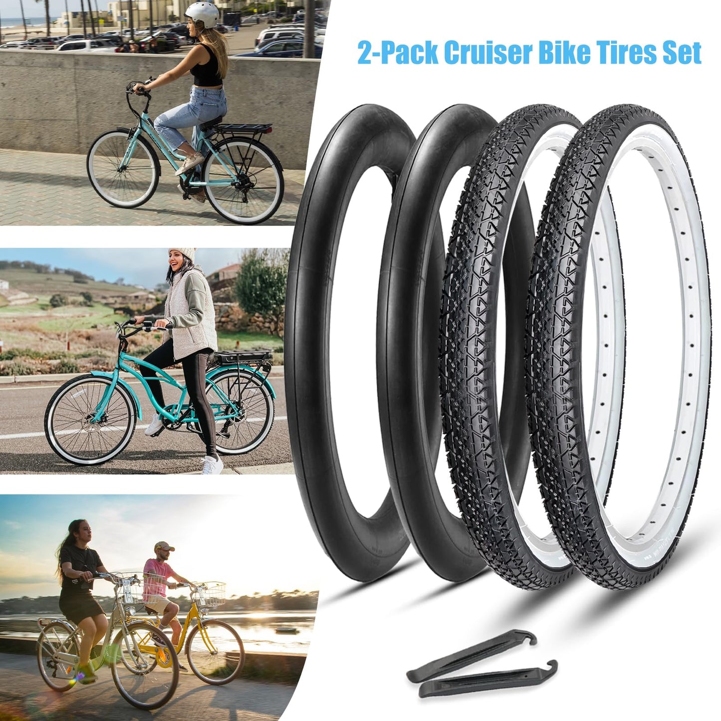 2-Pack Cruiser Bike Tires Set: MOHEGIA 26 x 2.125 Inch Folding Tires, Inner Tubes, and Tire Levers Replacement Kit for Beach Cruiser Bicycle -White Walled