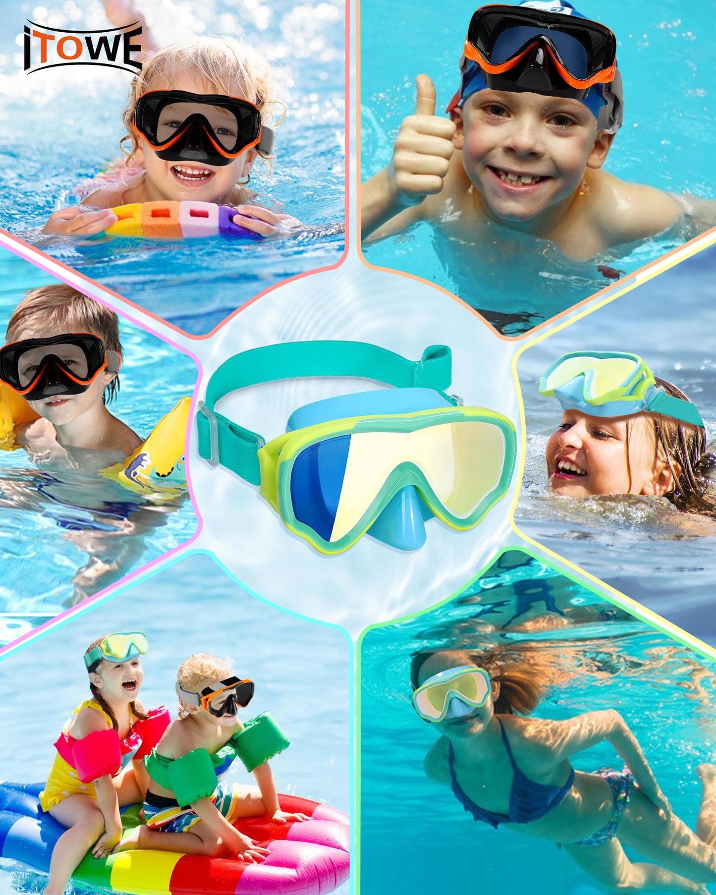 ITOWE Kids Swimming Goggles with Fabric Strap, Toddler Swim Goggles with Nose Cover for Kids 6-14 4-7 8-12 3-5 Boys Girls Youth, UV Protection No Leak Anti Fog Clear Vision Pool Elastic Strap Goggles