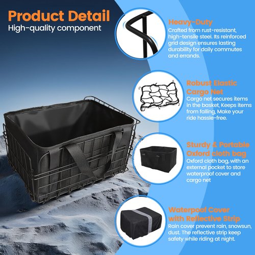 ONZILLO Bike Basket Rear, Bicycle Basket Foldable with Rainproof Cover and Removable Liner Bag, Metal Electric Basket for Adult Women Men Carrying Small Dogs Cats Pets, Grocery, 14.9"×10.7"×8.4"
