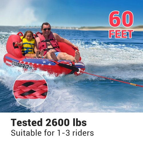 Z00MBROS Tow Rope for 1-2 Rider Towable Tubes, 60 ft 2500lb Safety Rope