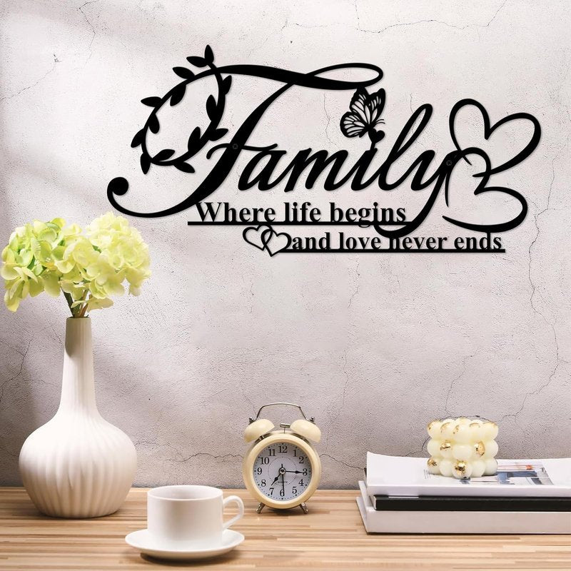 Resama Family Signs Metal Wall Decor,Where Life Begins and Love Never Ends Heart Butterflies Wall Sculpture Black Metal Family Decor for Living Room Bedroom Kitchen (Black,Small)