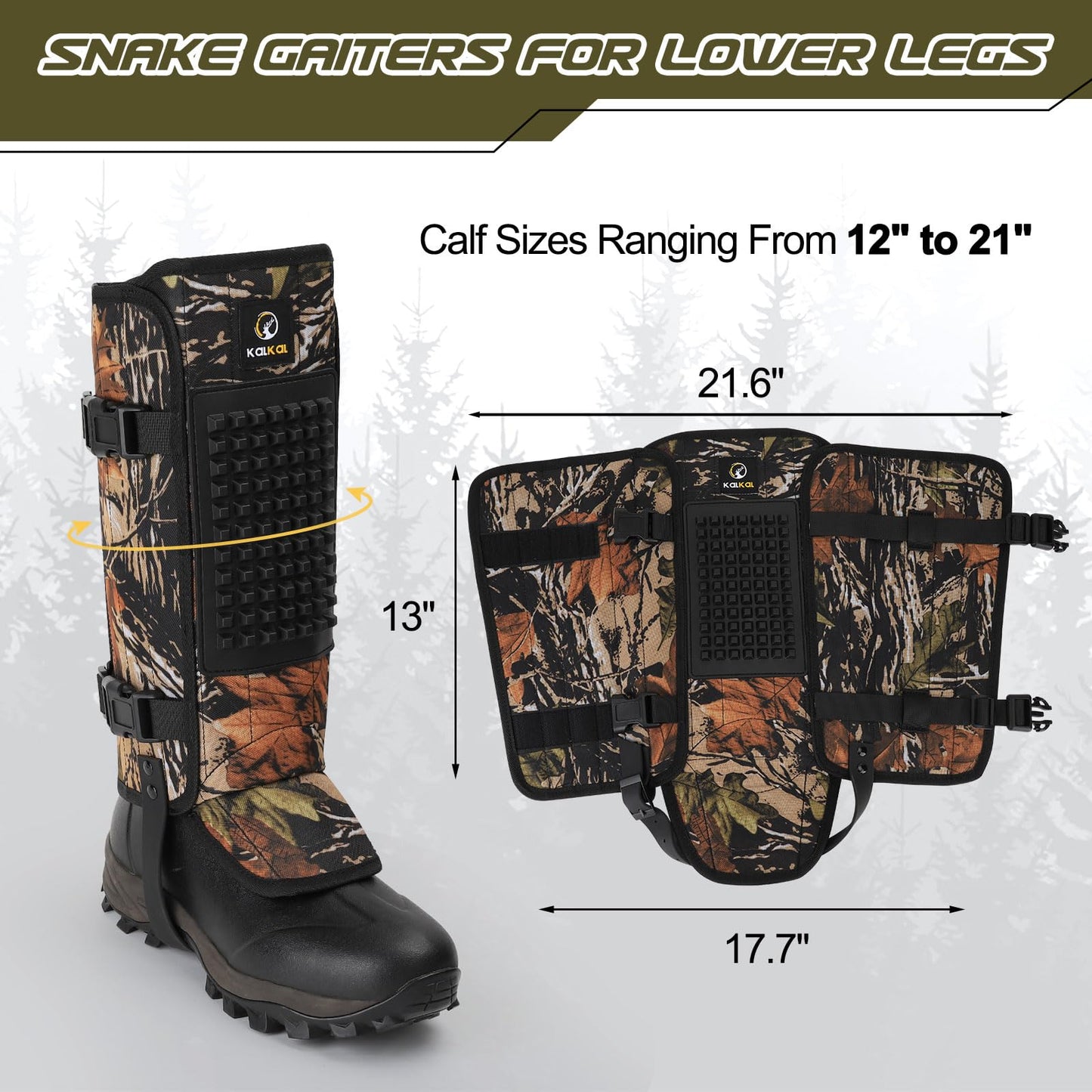 Kalkal Snake Gaiters, 1200D Waterproof Snake Chaps Snake Gaiters for Men Women, Adjustable Snake Bite Protection Snake Guards for Legs Men, Snake Proof Gaiters for Hiking Hunting