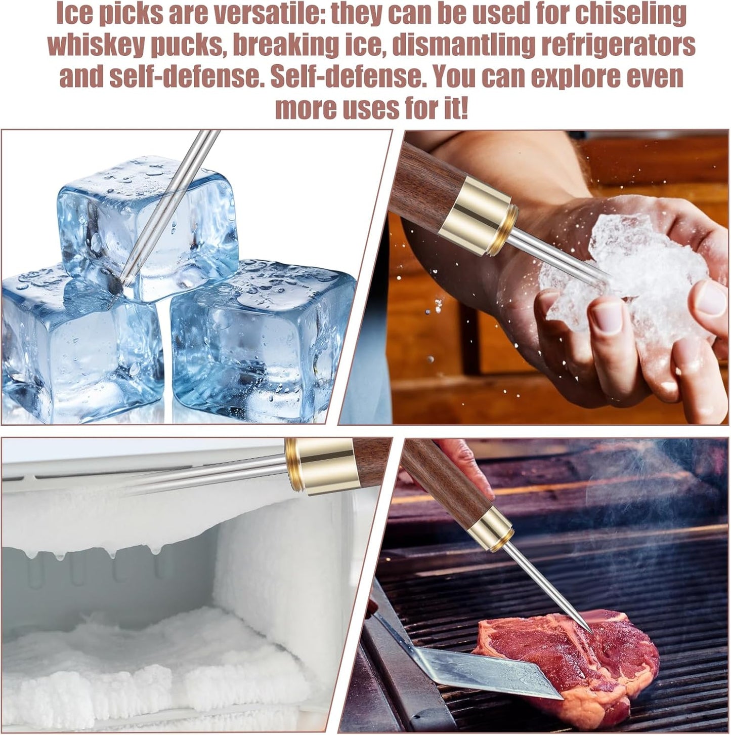 2 Pcs Ice Pick Tool Ice Picks For Breaking Ice Stainless Steel Ice Picks With Ebony Wooden Handle Safety Cap Multi-Purpose Ice Picks Pick Tool With Safety Cover Non-Slip Wooden Handle For Easy To Grip