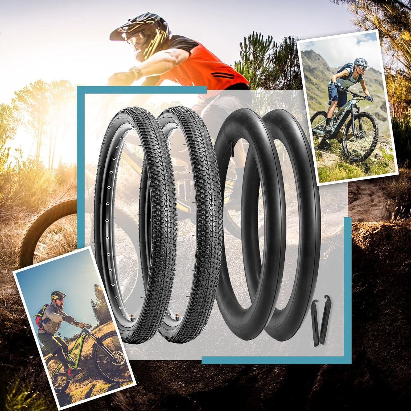 Hycline 2-Pack Mountain Bike Tires Set: 20/24/26/27.5-inch Folding Replacement Puncture-Resistant Bicycle Tires and Pair 20/24/26/27.5-inch Inner Tubes with Tire Levers for MTB Off-Road Bike
