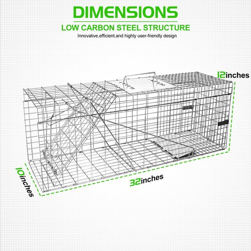 SZHLUX 32" Live Animal Cage Trap, Heavy Duty Folding Raccoon Traps, Humane Cat Trap for Stray Cats, Raccoons, Squirrel, Skunk, Mole, Groundhog, Armadillo, Rabbit, Catch and Release