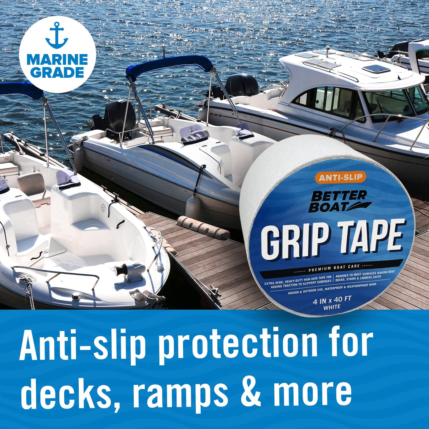 Better Boat Anti Slip Tape for Outdoor Stair Treads, Non-Skid Grip for Stairs and Steps, 4" x 40ft Roll, White Waterproof Traction, Weather-Resistant Friction Floor Tread for Dogs and Steps