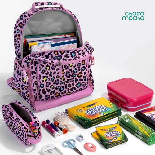 Choco Mocha Strawberry Backpack School Backpack Set for Girls, Kids Backpacks and Lunch Box Set with Water Bottle Elementary School 17 Inch Bookbag, Pink