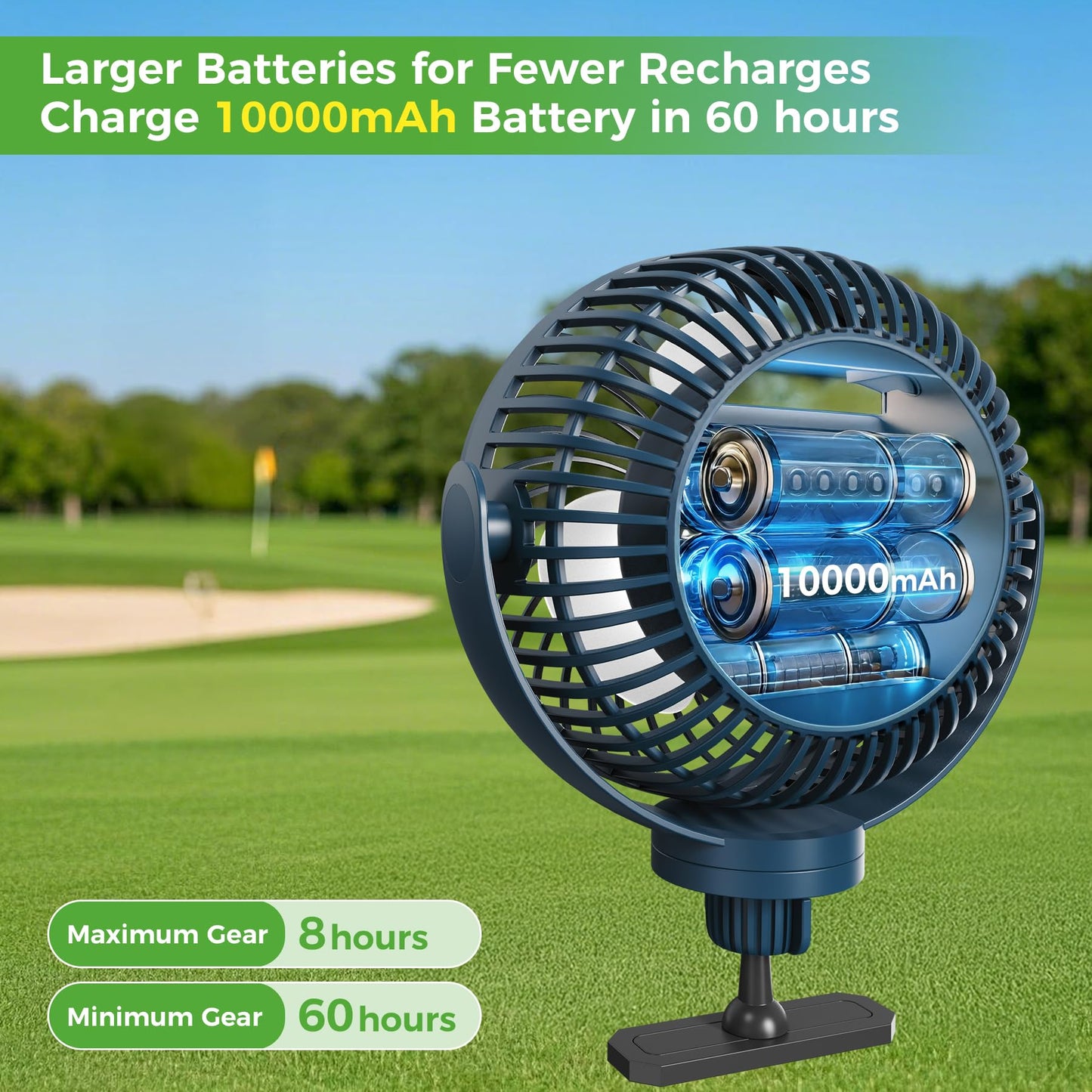 10L0L Magnetic Golf Cart Fan Rechargeable with Flexible Tripod Mount - 10000mAh Battery Operated Portable Fan 360° Rotatable Head, Fits for Yamaha/EZGO/Club Car Golf Cart with LED Light