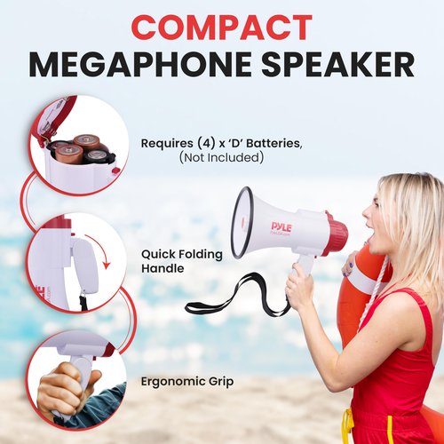 Pyle Megaphone Speaker PA Bullhorn - with Built-in Siren 30 Watt Voice Recorder & 800 Yard Range - Ideal for Football, Soccer, Baseball, Hockey, Basketball, Cheerleading Fans & Coaches - PMP35R