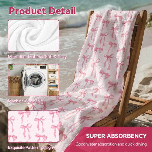 Mahrokh Pink Bow Beach Towel Coquette Beach Towel Gift 60 x 30 Inch Coquette Birthday Pink Bow Party Decorations for Birthday Baby Shower Bridal Shower Bachelorette Party Decor(#1)