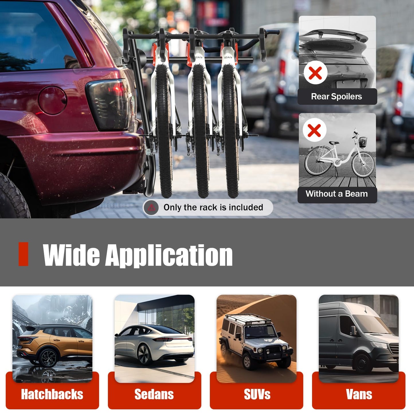 3 Bike Rack Bicycle Carrier Racks, Foldable 3-Bike Carrier Rack Trunk Mount Bike Carrier Holder with Fixed Strap, for Sedan Hatchback Minivan Car SUV Trunk Mount Bicycle Carrier Holder Bike Rack