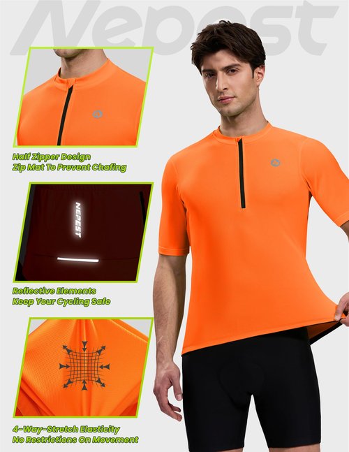 Nepest Men's Cycling Jersey Biking Bicycle Cycle Road Shirts with 4 Rear Pockets Moisture Wicking Riding Tops Clothing for Gravel Bike Neno Orange L