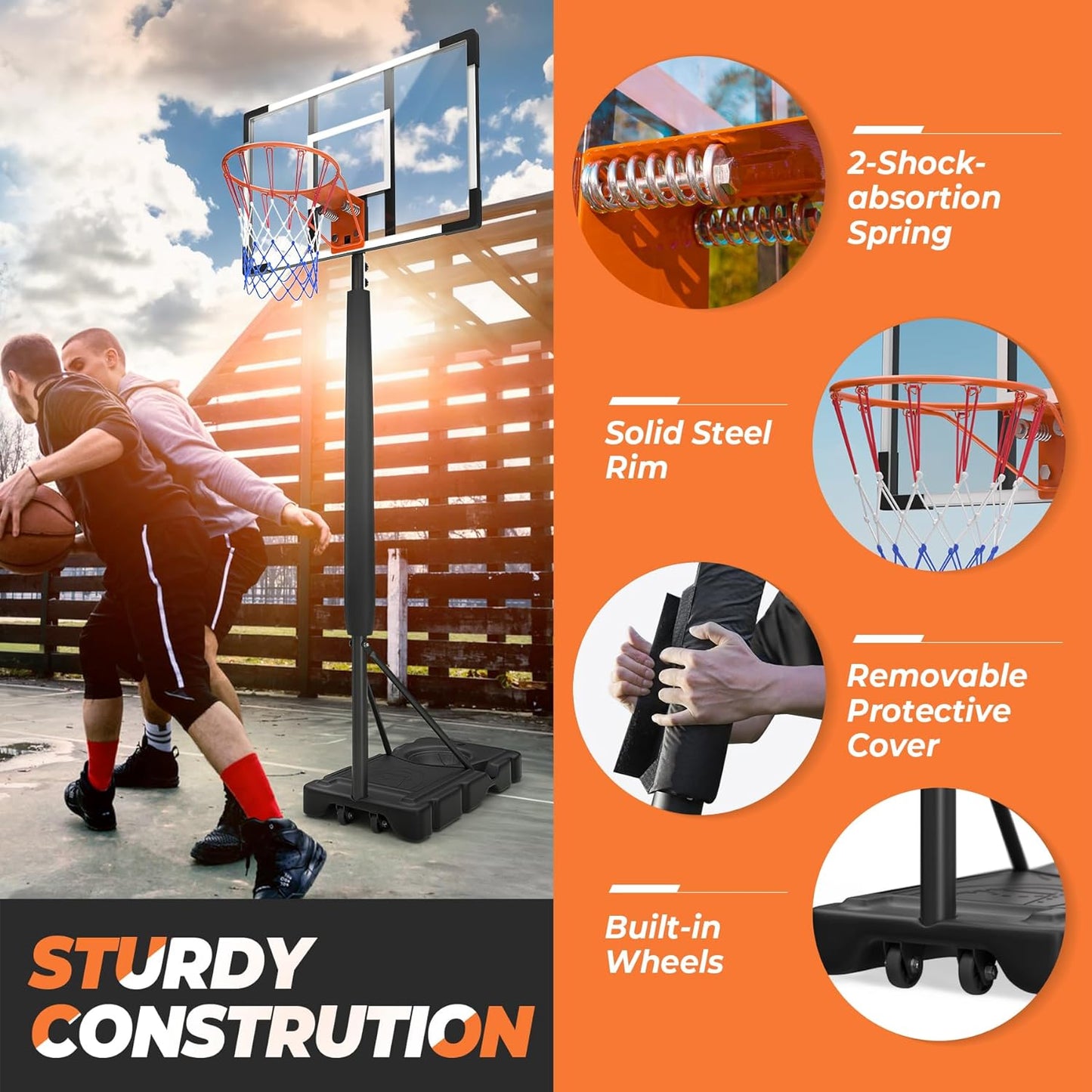 10 FT Portable Basketball Hoop with Adjustable Height for Adults Youth, Shatterproof Backboard, Stable Base, Easy Mobility, and Durable Design