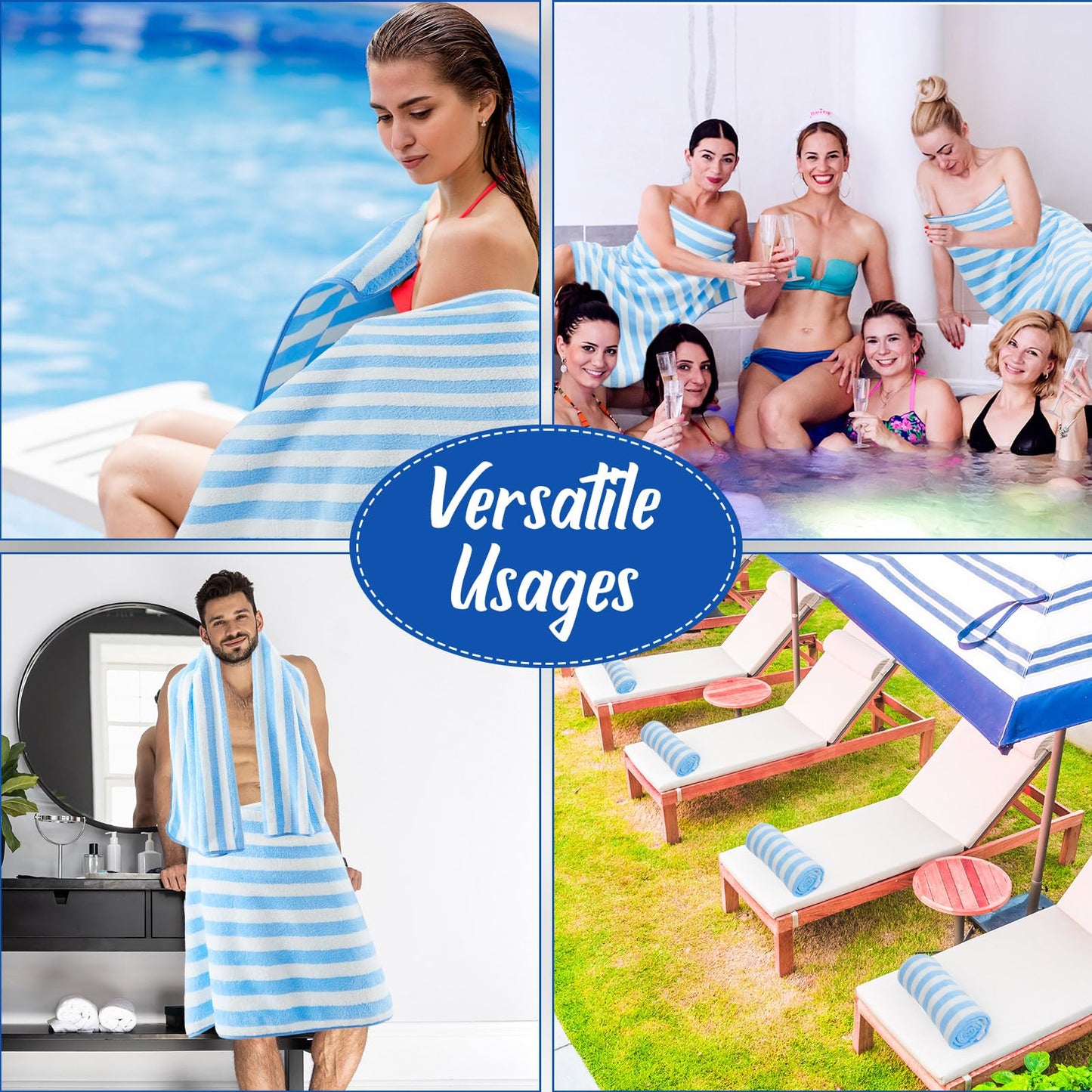 SmoothNovelty 16 Pack Microfiber Bath Towels Bulk 27'' x 60'' Oversized Size Bath Towel Highly Absorbent Extra Large Soft Drying for Beach Shower Summer Salon Sport Gym Party (Stripes,Light Blue)