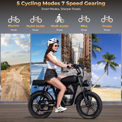 T73 Retro Style Electric Bike for Adults,1000W Motor 48V 15.6AH Removable Battery Off-Road Electric Dirt Bike,30 MPH Ebike with 20"x4 Fat Tires, 7-Speed Gears Dual Hydraulic Brake & Full Suspension