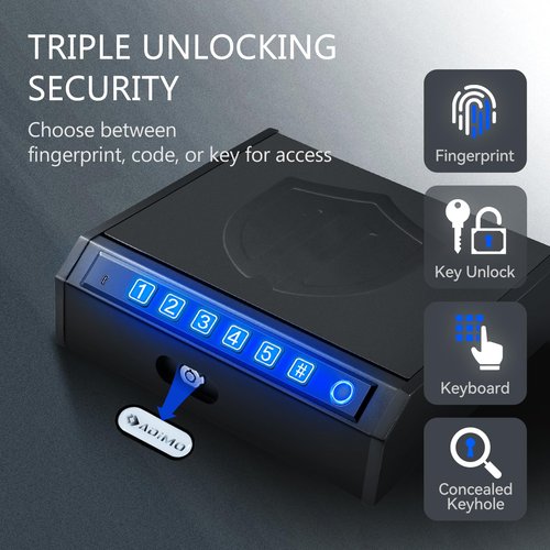 ADIMO Fingerprint Handgun Safe for 1-2 Pistols, Quick Access Biometric Lock Box with LED Interior Light, Silent Mode, Backlit Keypad & Keys, Great for Nightstand or Home