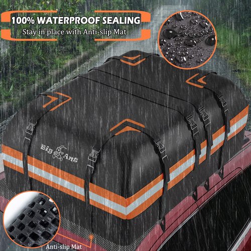 Big Ant Car Rooftop Cargo Carrier Bag, 15 Cubic Feet Waterproof Heavy Duty 840D Car Roof Bag for All Vehicle with/Without Rack - Includes Anti-Slip Mat, 8 Door Hooks, 2 Extra Straps, Luggage Lock