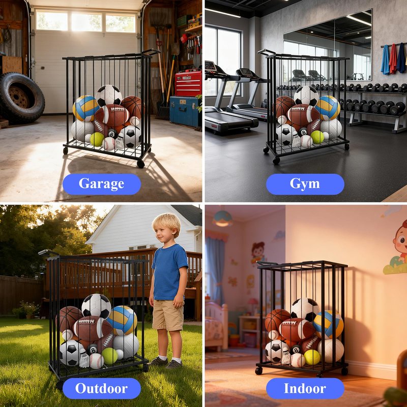 URMMIY Large Garage Ball Storage Rack with Wheels–Rolling Sports Equipment Organizer Freestanding Ball Holder for Basketball Soccer Volleyball Football–Sports Ball Storage for Garage Gym School Home