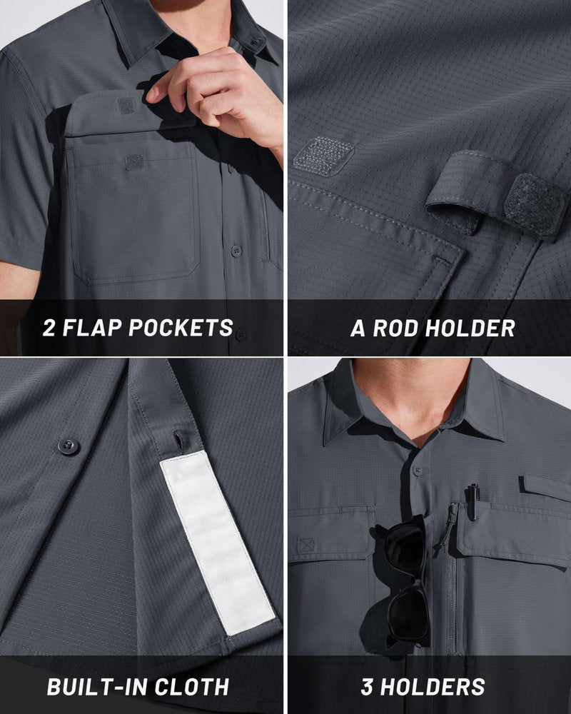 MAGCOMSEN Sun Shirts for Men Short Sleeve SPF Performance Fishing Shirts Dry Fit Light Weight Button Up Work Shirts Dark Grey M