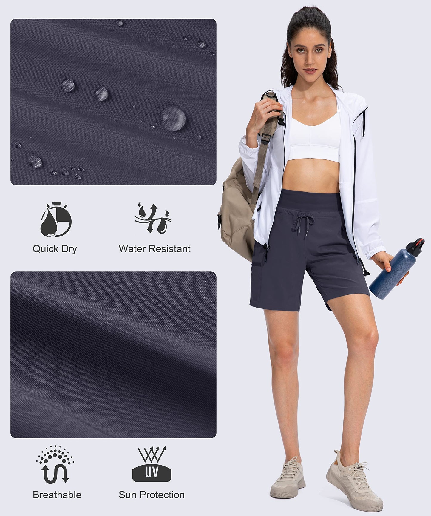 Obla Women's Hiking Cargo Shorts Zipper Pockets Soft High Waisted Quick Dry 7 Inch Long Shorts for Women Golf Athletic Summer (Dark Grey_L)