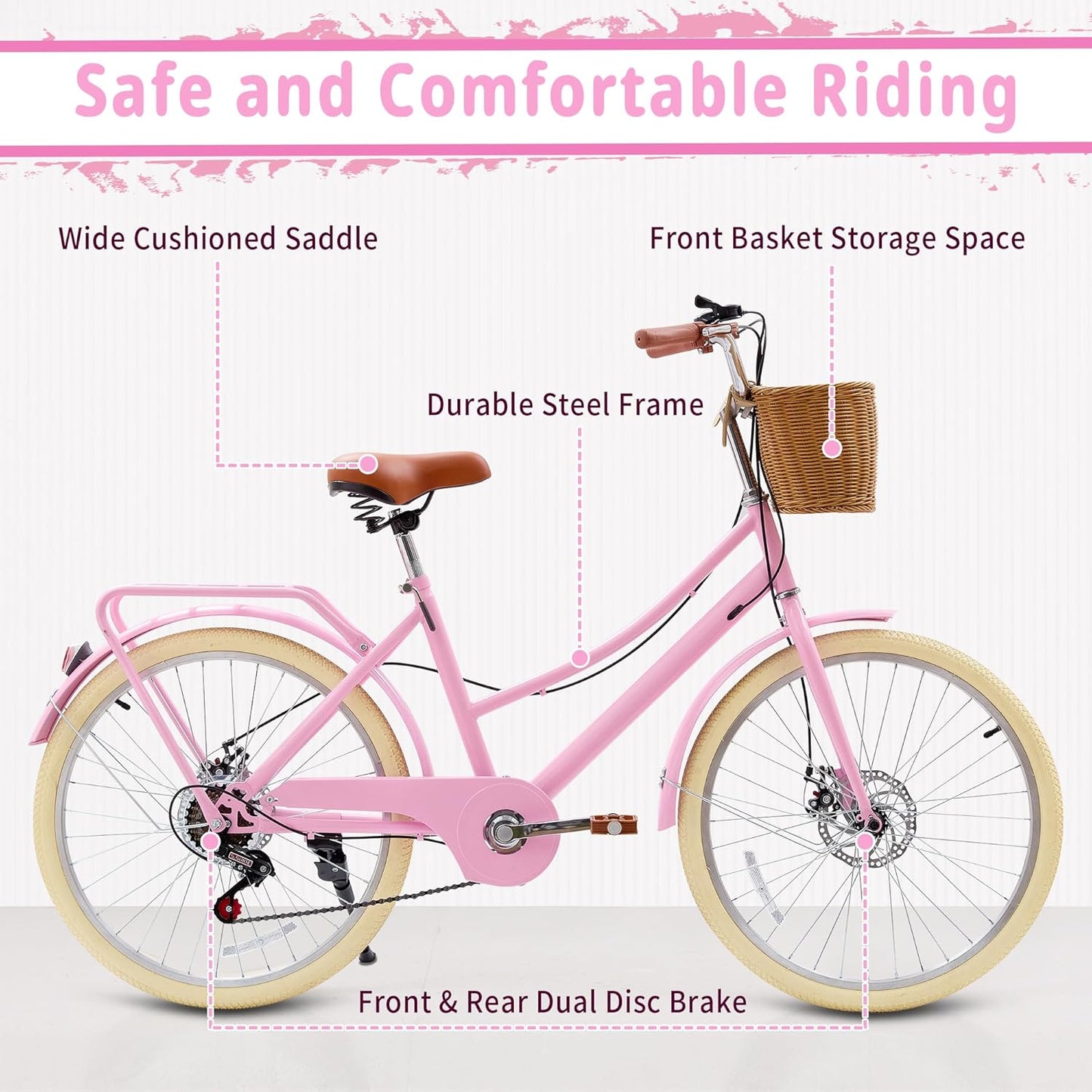 Kids Bike, Retro Cruiser Bike for Girls, 20 24 Inch 7-Speed Kids Bicycles for Ages 6-14 Girls Youth with Rattan Basket, Dual-Disc Brake Carbon Steel Frame Lightweight Bicycle, Multiple Colors