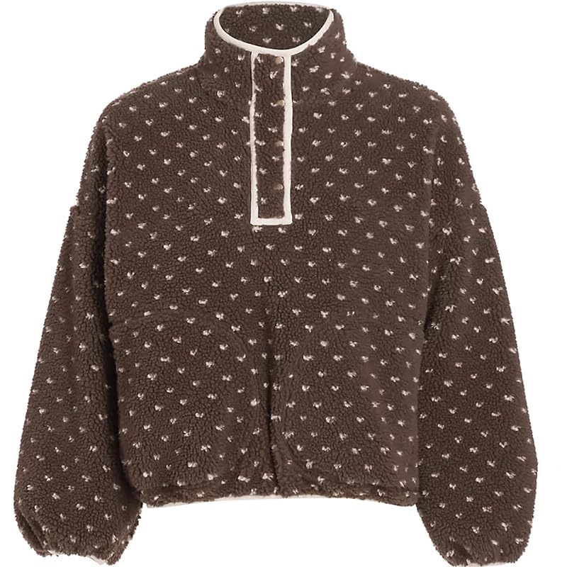 Hixiaohe Women's Fleece Pullover Sherpa Jacket - High Neck, Brown, Medium