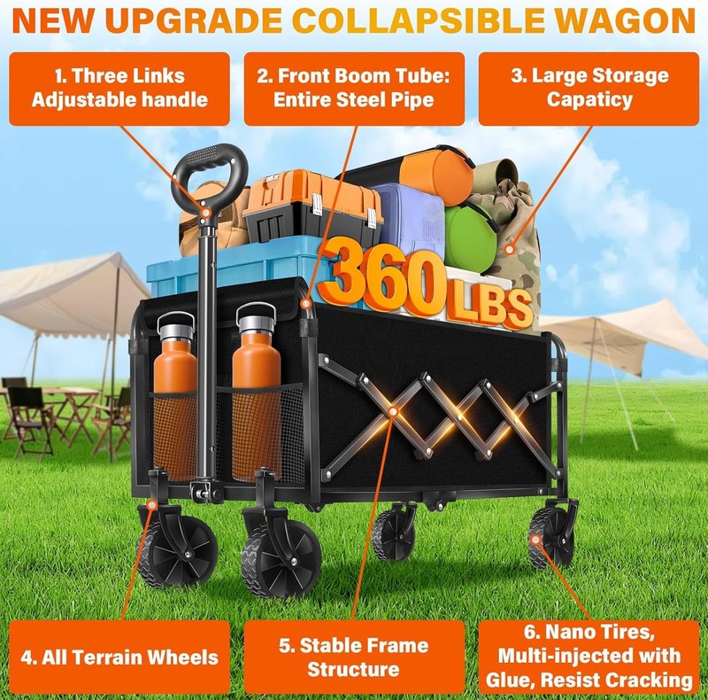 Wagons Carts Foldable, Collapsible Folding Wagon, Portable Folding Wagon Cart with Wheels, Outdoor Utility Carts for Groceries, Camping, Sports, Shopping, Black