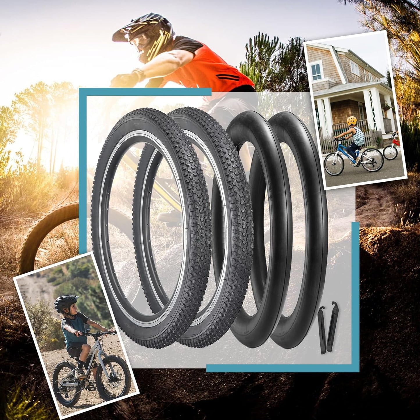 Hycline 2-Pack Mountain Bike Tires Set: 20/24/26/27.5-inch Folding Replacement Puncture-Resistant Bicycle Tires and Pair 20/24/26/27.5-inch Inner Tubes with Tire Levers for MTB Off-Road Bike