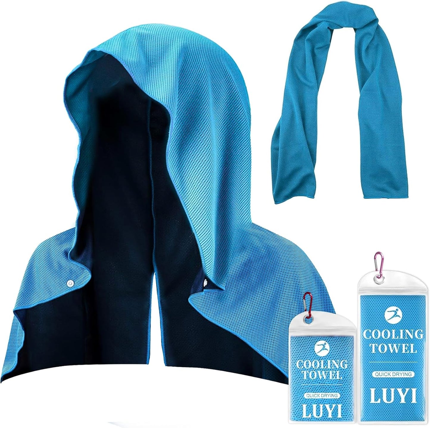 2 Pack Cooling Hoodie Towels Set, Cooling Towels for Neck and Face, Microfiber Soft Breathable Cooling Towel Bulk for Hot Weather, Gym, Sports, Yoga, Workout, Running, Golf, Camping, Hiking(Blue)