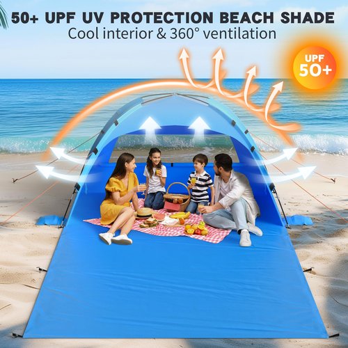 Beach Tent Sun Shelter with Extended Sand Mat 114×82inch,UPF 50+ Protection, 3 Double-Layer Windows for Enhanced Privacy; Portable Beach Shade, 3-4 People. Windproof and Waterproof