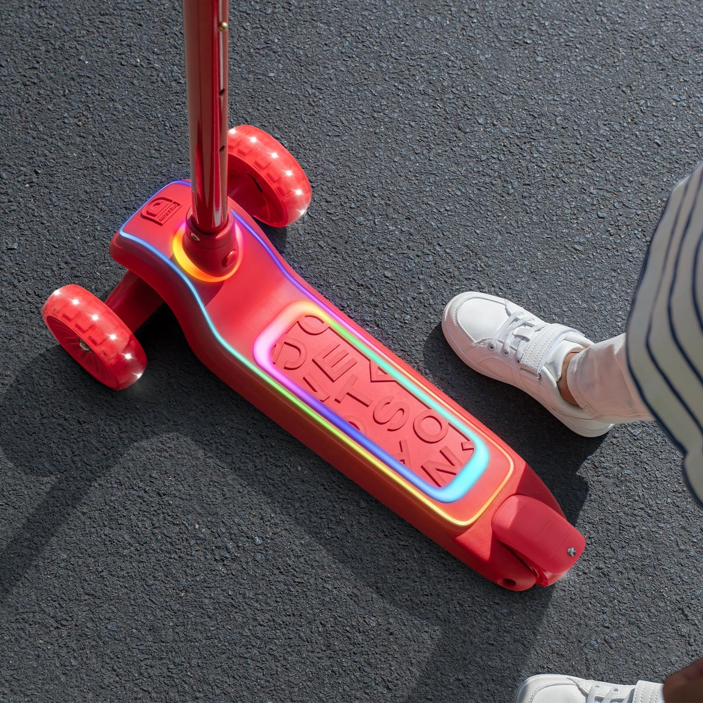 Jetson Halos Three-Wheel Light Up Kick Scooter, Light up Stem & Wheels, Height Adjustable Handlebar, Rear Brake, Ages 3+, JHALOS-RED