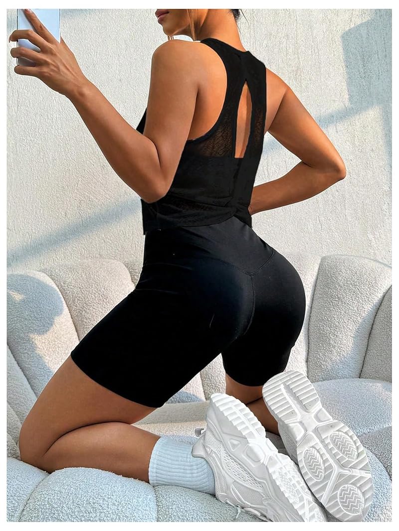 OYOANGLE Black Small Open Back Crop Tank Top for Yoga & Workout
