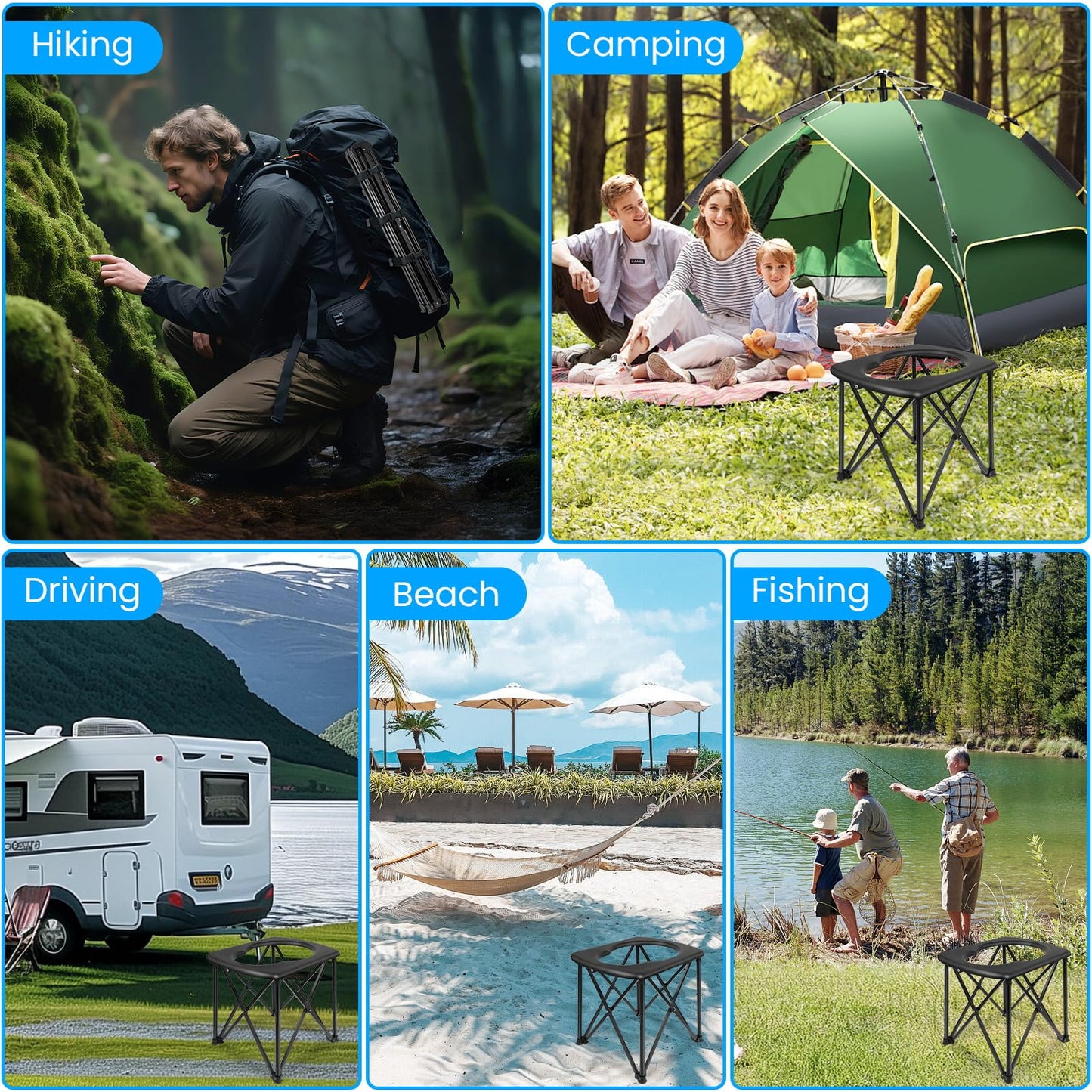15.6'' Portable Toilet for Camping, Ultralight Foldable Camping Toilet 2-Second Setup, 350LBS Portable Potty for Adults, Compact for Camping, Hiking, RV Travel, Trucker, Fishing, Beach, Outdoor Use