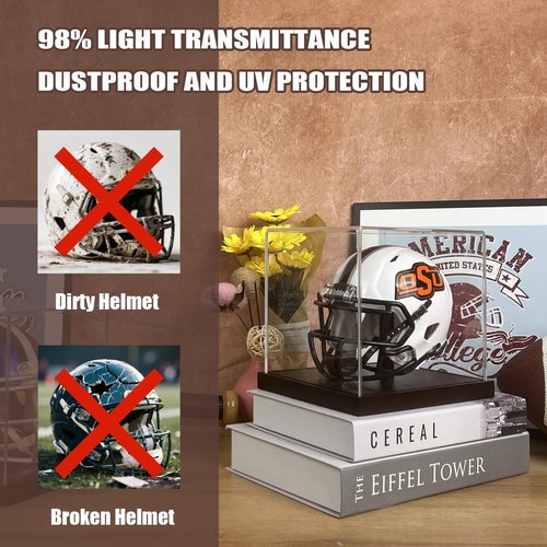 ZQYALPSID Mini Helmet Display Case, Acrylic Clear 1/2 Football Baseball Helmet Display Case, One Piece Collection Case with Wooden Base,Ideal Gift for Sports Fans and Enthusiasts (7×5.2×6 Inches)