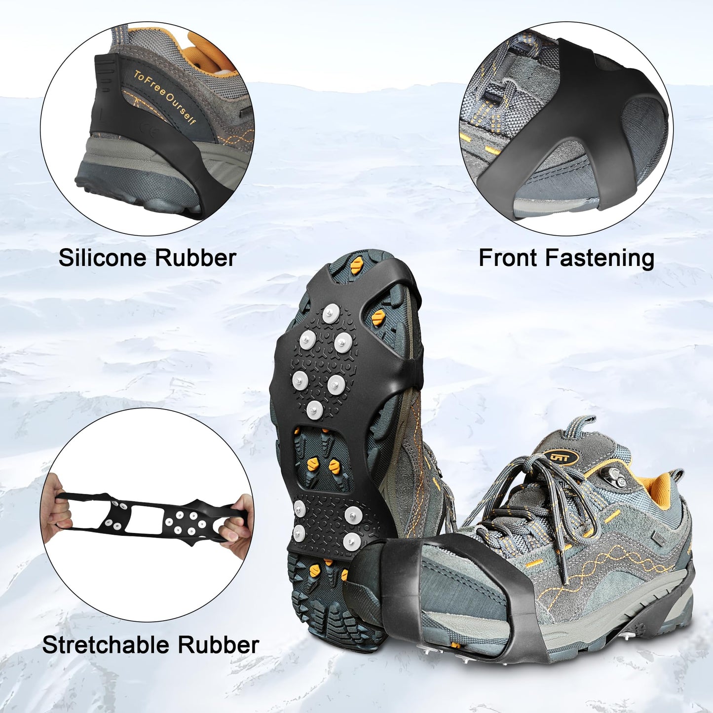 ice Snow Grips: 10 Nail Spikes, Stretchable Snow Grips for Men Women. Ideal for Winter Activities Like Walking, Running, Hiking, Mountaineering, Ice Fishing, or Dog-Walking (M:10-13 W:8-11)
