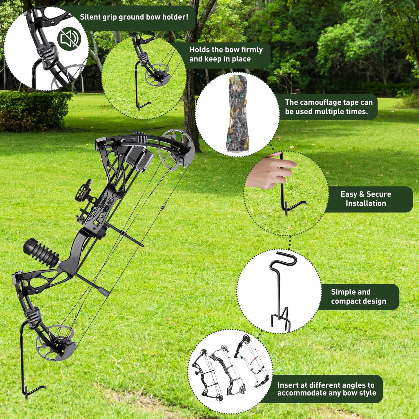 2 Pack Ground Bow Holder, Hunting Blind Bow Holder with Self-Adhesive Camouflage Tape Wrap Bow Holder Archery Ground Stake Bow Holder Rubber Coating Compound Bow Holder for Ground