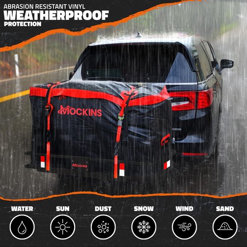 Mockins 48"x18"x6" Folding Hitch Cargo Carrier & 15 CuFt Waterproof Cargo Bag for Truck Bed w/ 4 Packing Cubes | Weatherproof 500 lbs Cap Car Trailer Hitch Rack for SUV, Truck, Van & RV w/Accessories
