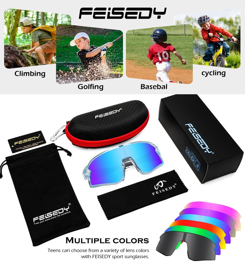 FEISEDY Kids Sunglasses Polarized Youth Baseball Sunglasses Sports Cycling Glasses for Boys Girls Age 4-8 B0183
