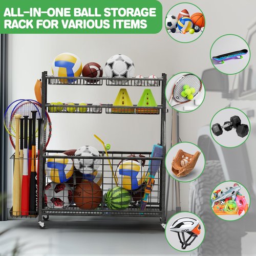 CaMecequter Garage Sports Equipment Organizer with 4 Baskets & 6 Hooks - Heavy Duty Freestanding Ball Storage for Basketball, Soccer & Outdoor Toys (Black)