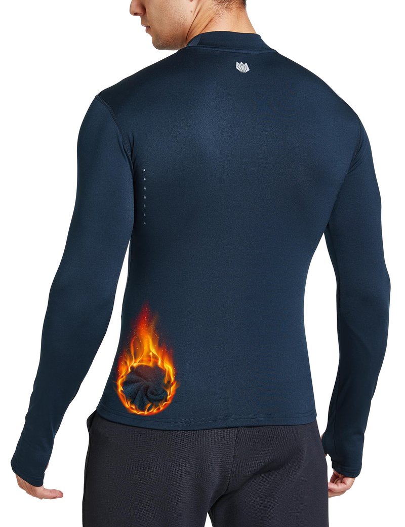 FitsT4 Sports Men's Thermal Shirt Fleece Lined Mock Neck Base Layer Tops Long Sleeve Running Athletic Shirt with Thumbholes Navy L