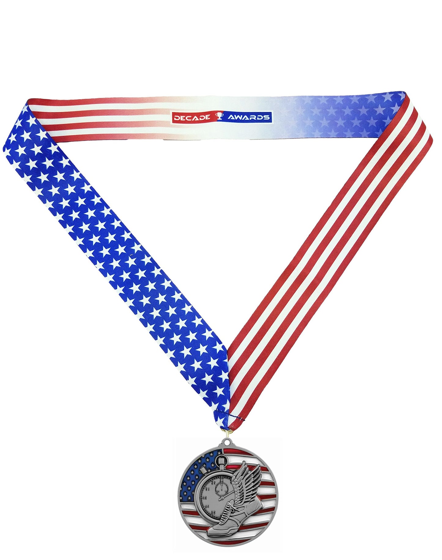 Decade Awards Track & Field Medal, Patriotic - Silver - 2.75 Inch Wide Second Medal with Stars and Stripes Neck Ribbon